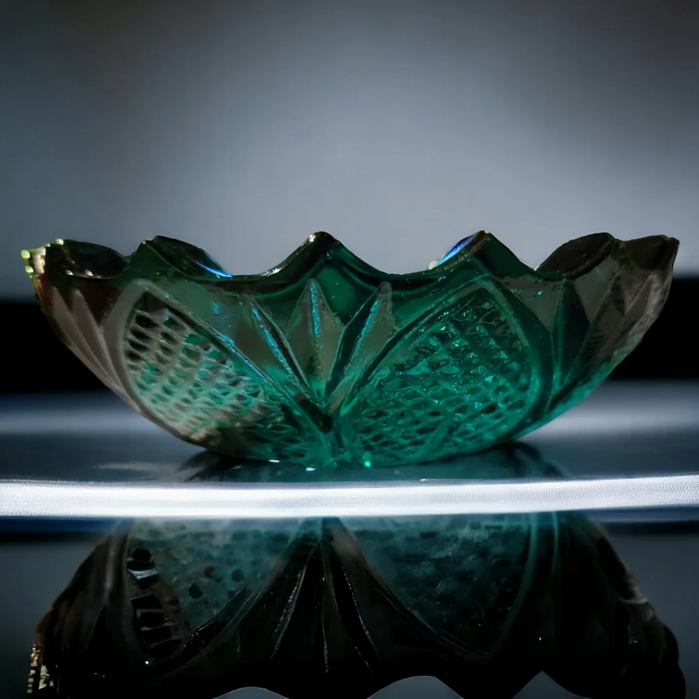 Vtg Ashtray Sauce Bowl  Green Blue Heavy Depression Glass Reflects Light